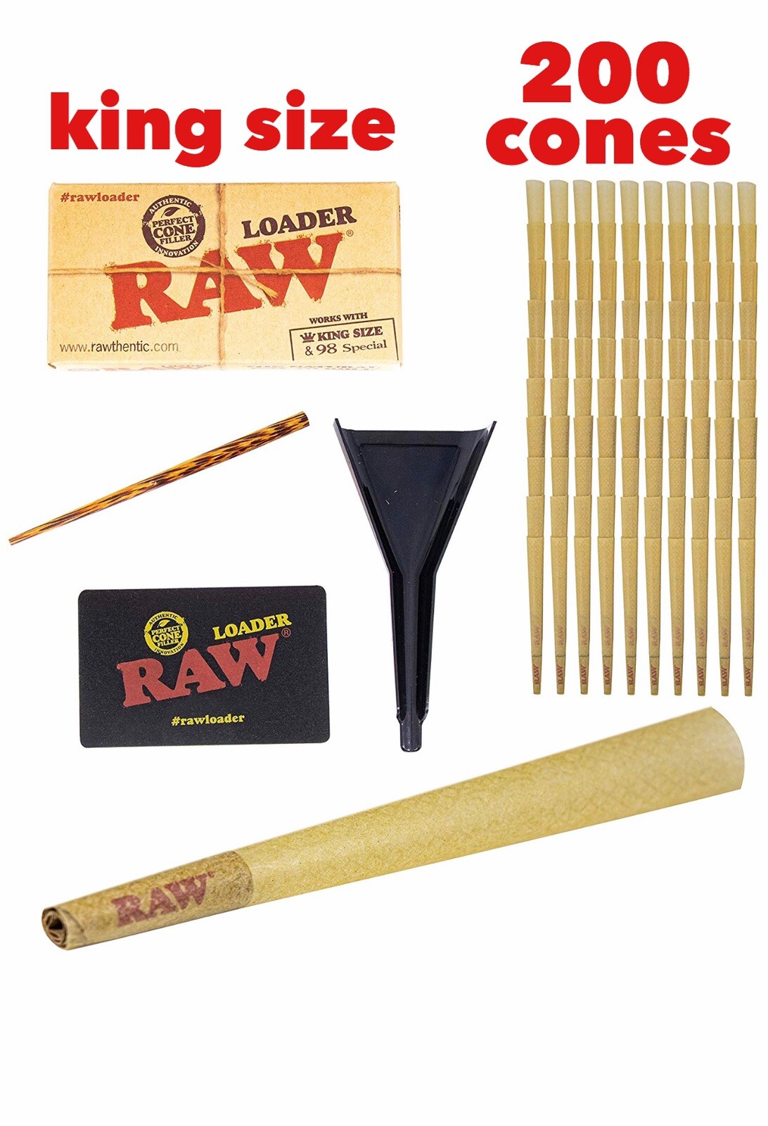 raw classic king size cone with filter tip (200 pack)+ raw cone loader