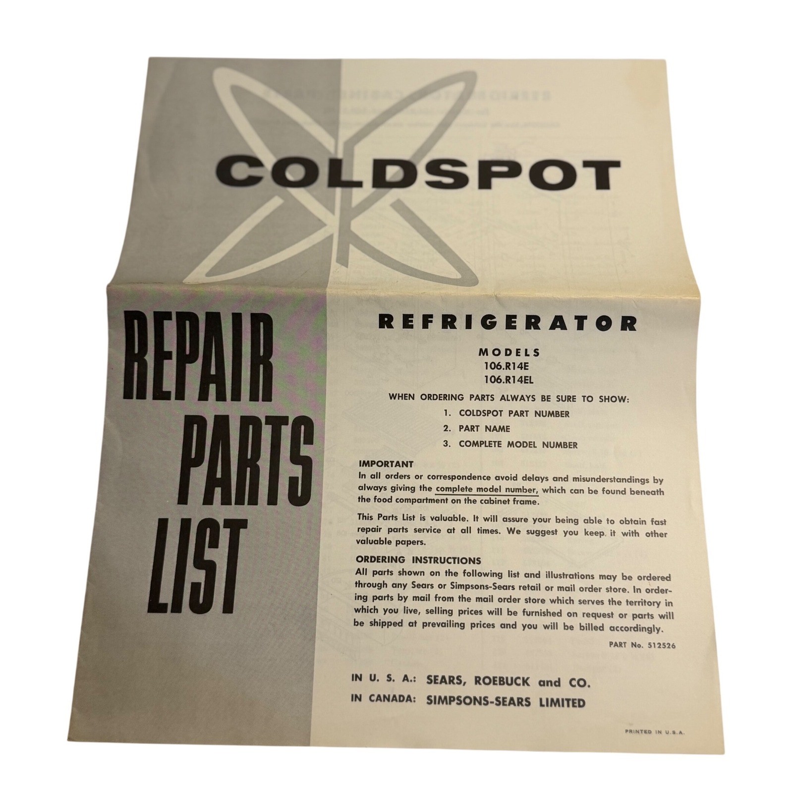 VTG Coldspot Refrigerator Repair Parts List Manual Sears 106.R14E 106.R14EL