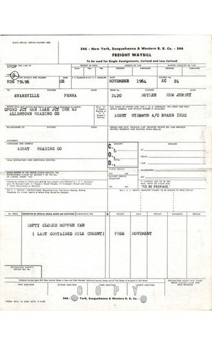 1954 NYS & W Reading Co Empty Covered Hopper Freight Waybill Railroadiana