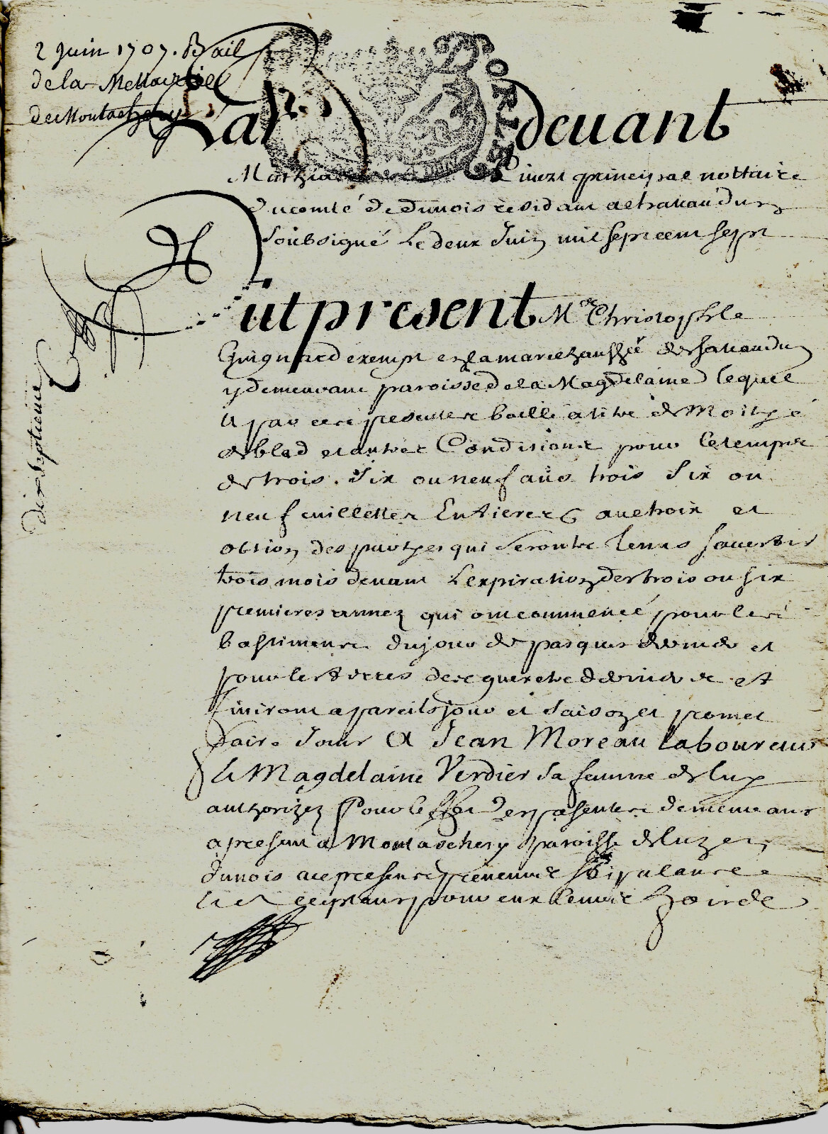 1707 Luz-En-Dunois Farmhouse Of Montachery Lease By Guignard To Moreau Verdier
