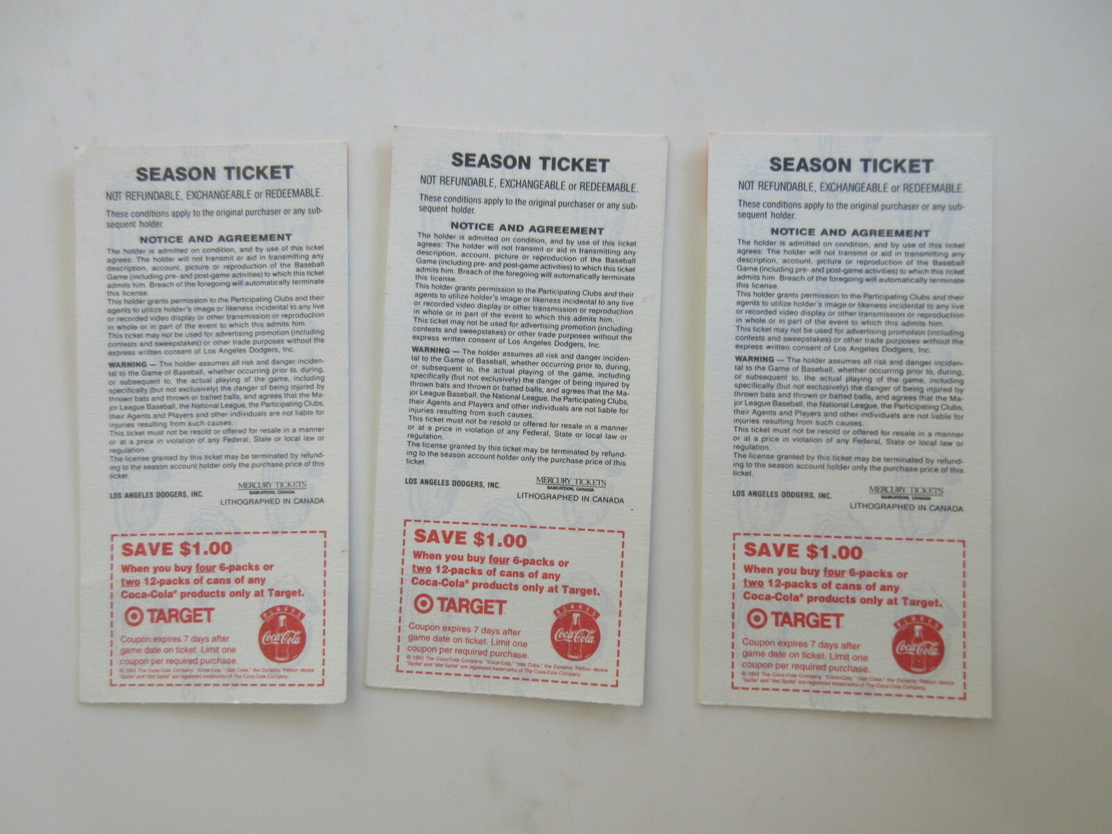 lot of 3 LOS ANGELES DODGER vs MONTREAL EXPOS TICKET STUBS APRIL 23, 1994