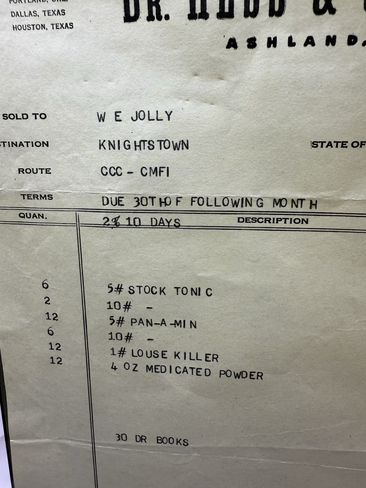 1950 Dr. Hess & Clark, Inc Ashland, OH invoice for Stock & Poultry remedies, etc