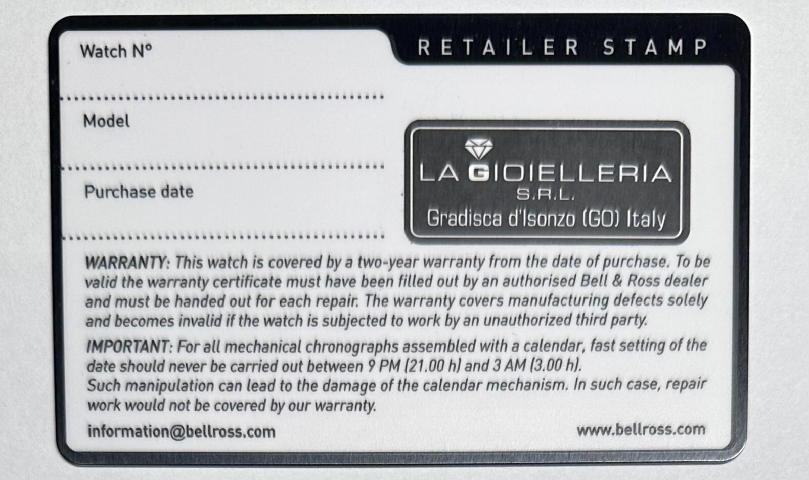 Authentic Bell & Ross Black Guarantee Blank Warranty Card Retailer Stamped
