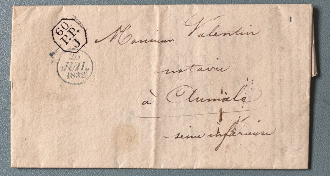 1832 Letter Paris Pluméliau Morbihan Seal 60 P.P. J Postage Paid Recruitment