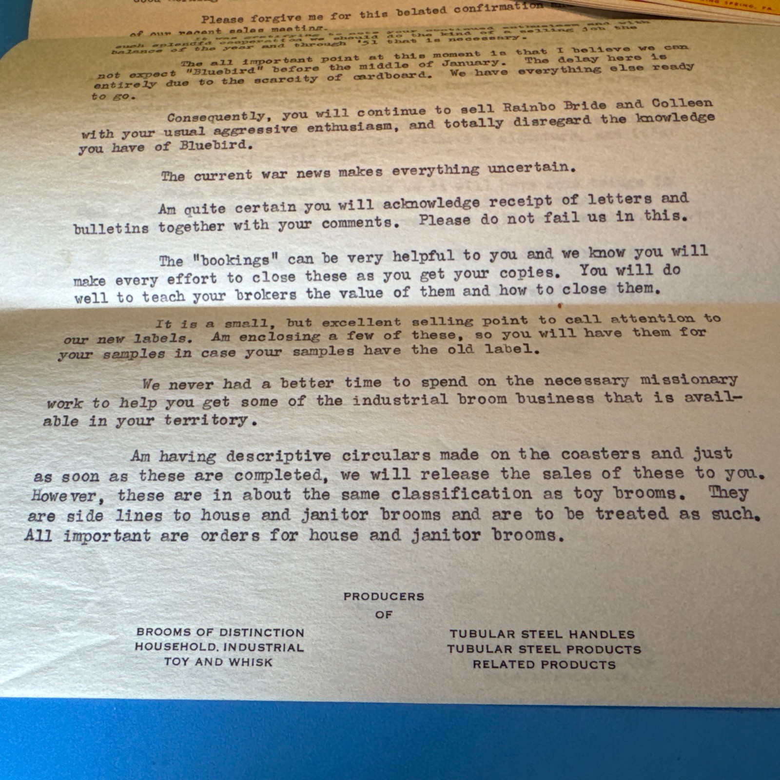 1950 Hofmann Industries BRIDE Broom labels, Letter Sinking Spring PA