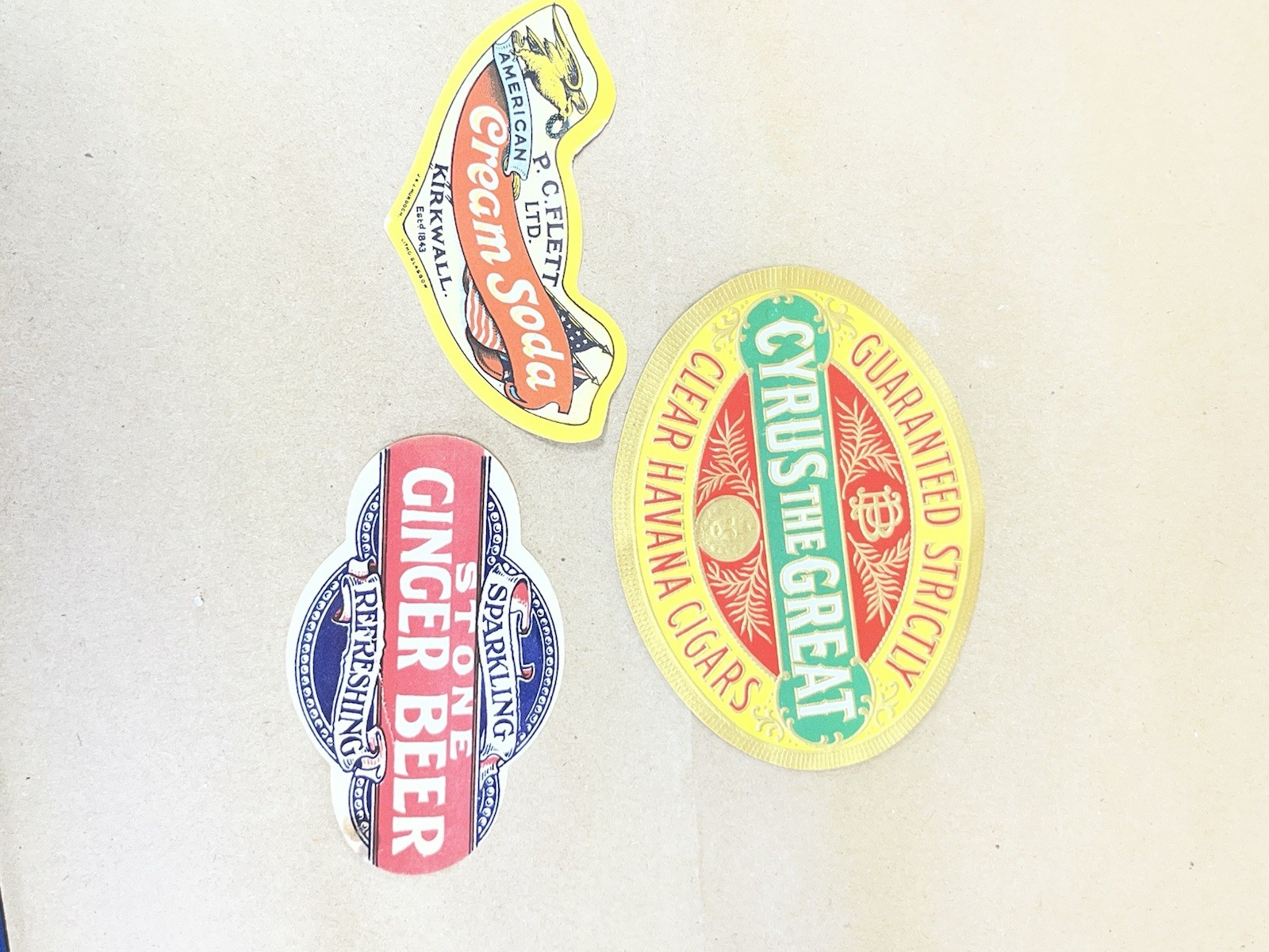 Vintage Paper Labels Bottle Cyrus Cigar Cream Soda Ginger Beer Drink Beverage