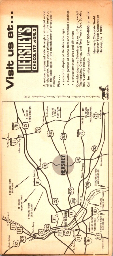 1970s Hershey Chocolate World Hotel Rack Card Pennsylvania Travel Ephemera Map