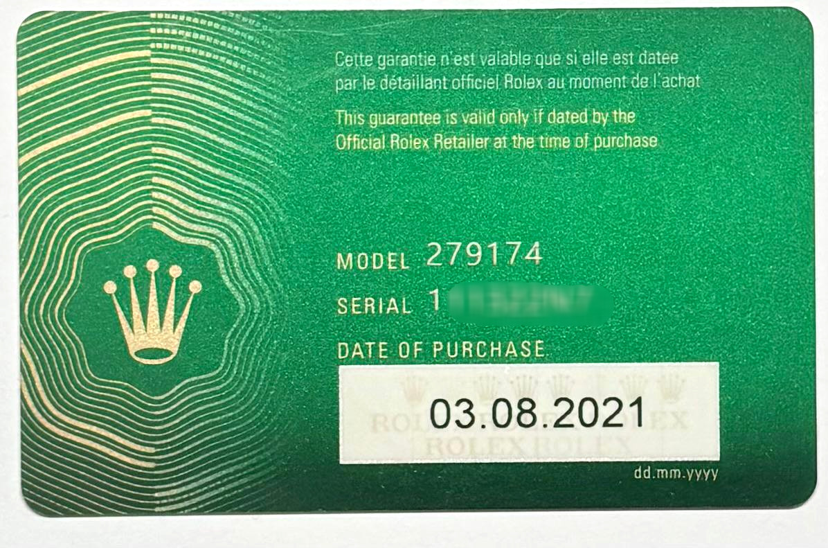 Rolex 279174 Lady-Datejust Warranty Certificate Guarantee 2021 1 Serial Cert