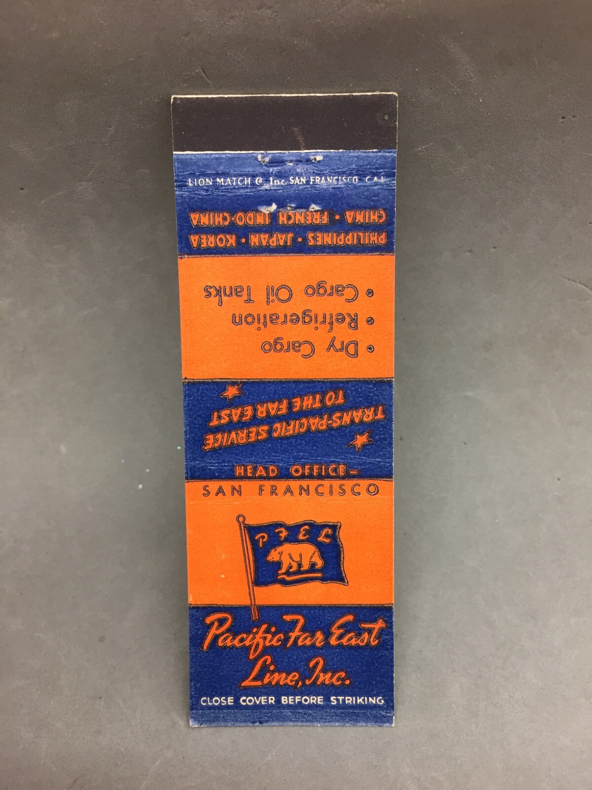 Matchbook Flat Cover Shipping Pacific Far East Line PFEL Cargo Oil Tanks Asia