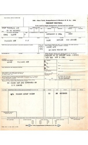 1964 NYS & W Freight Waybill Butler NJ to Dorset OH Rubber Scrap Railroadiana