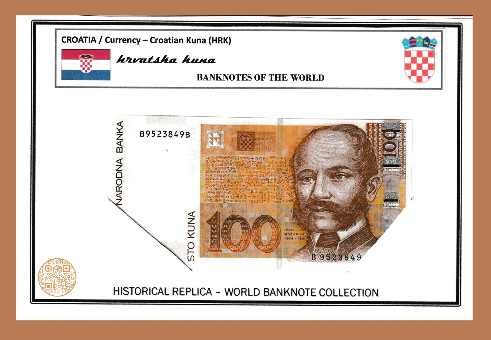 CROATIA KUNA / LAMMINATED HISTORICAL REPLICA SOUVENIR NOTE PRINT