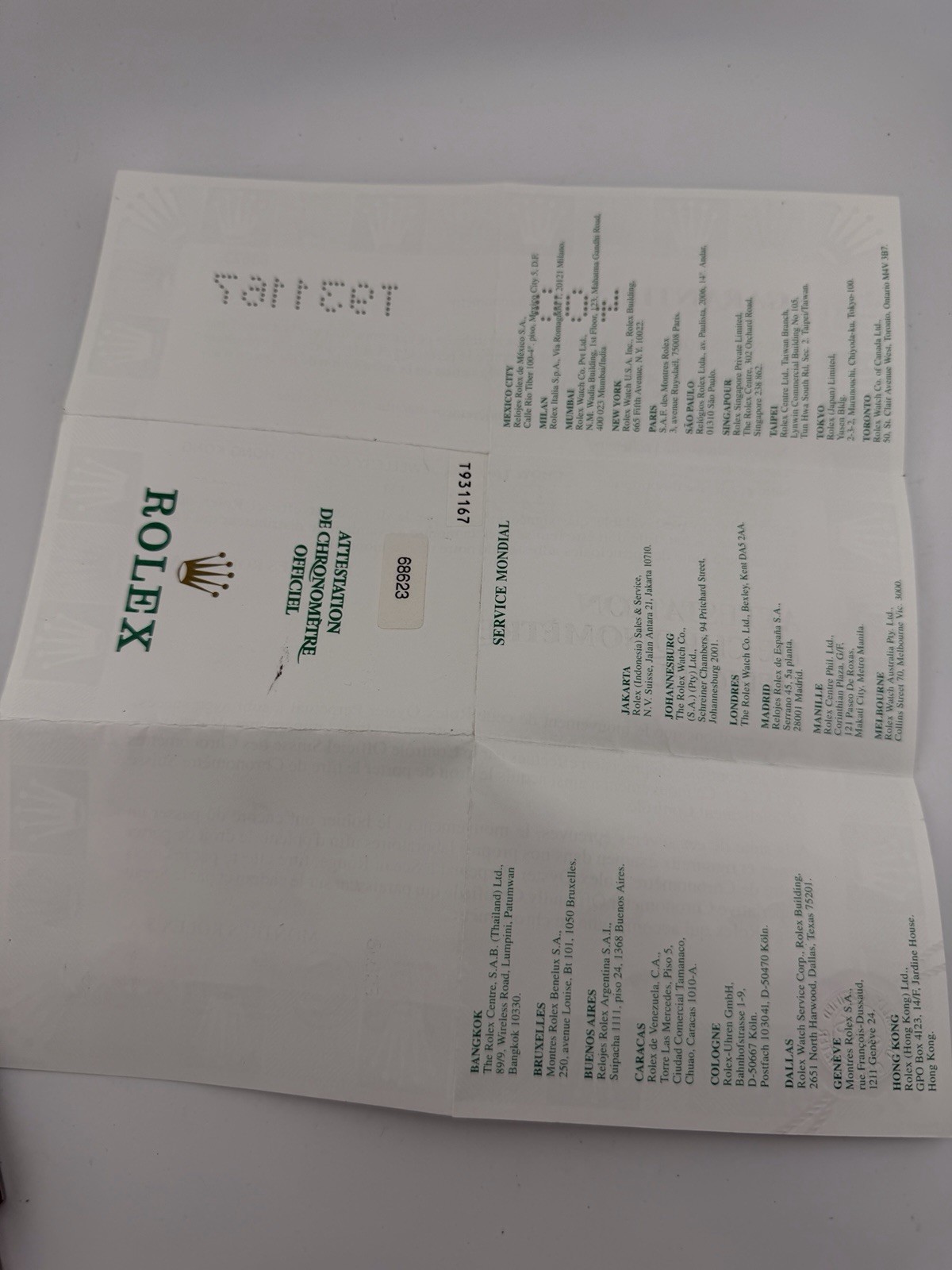 Rolex 68623 Lady Oyster Warranty Certificate Guarantee 1990s T Serial Cert