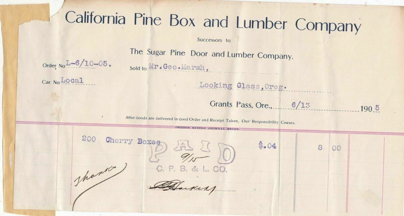 U.S. California Pine Box and Lumber Company 1905 Cherry Boxes Invoice Ref 42759