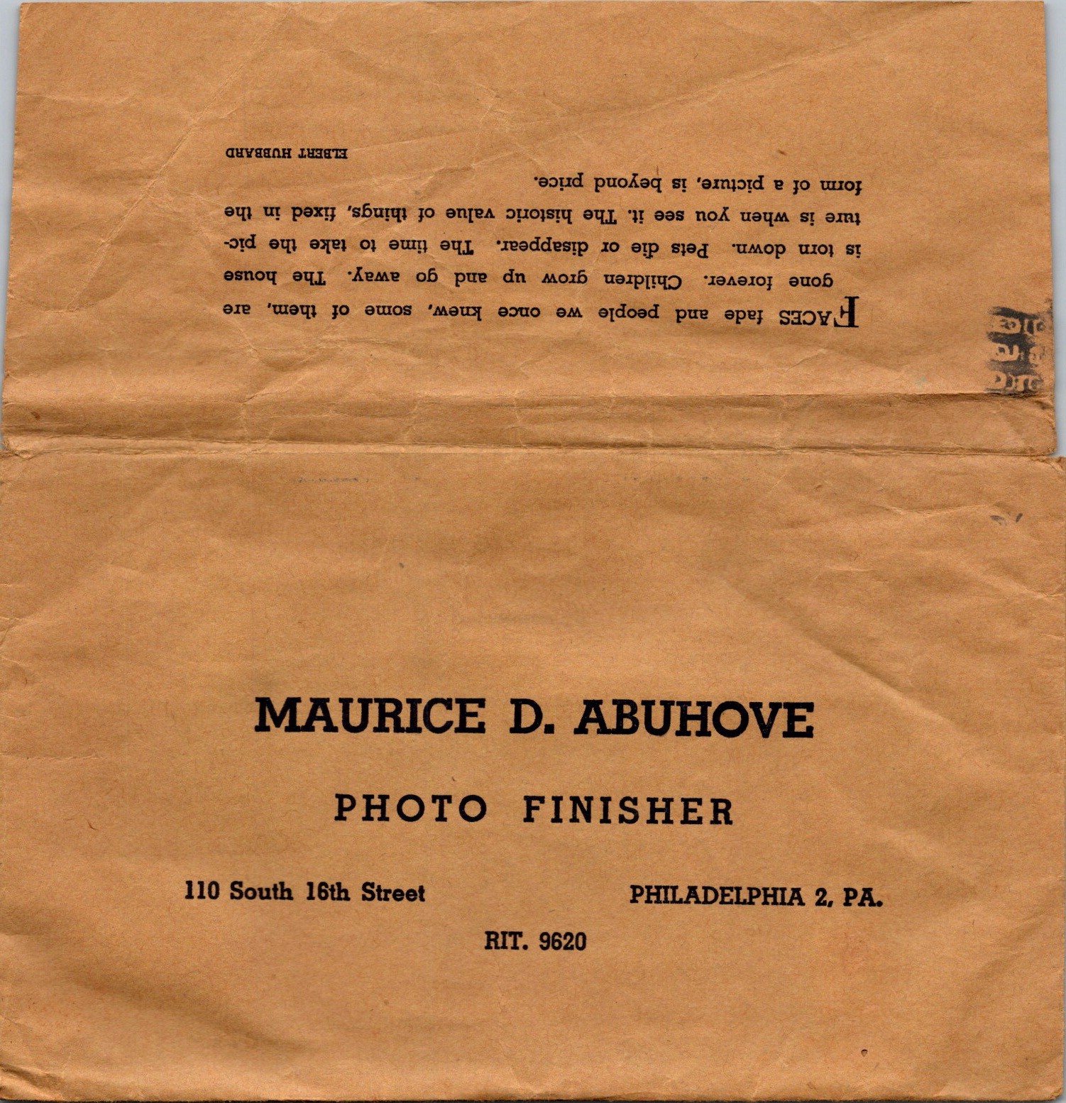 Vintage Photo Processing Envelope Maurice D Abuhove Philadelphia 1940s Kraft