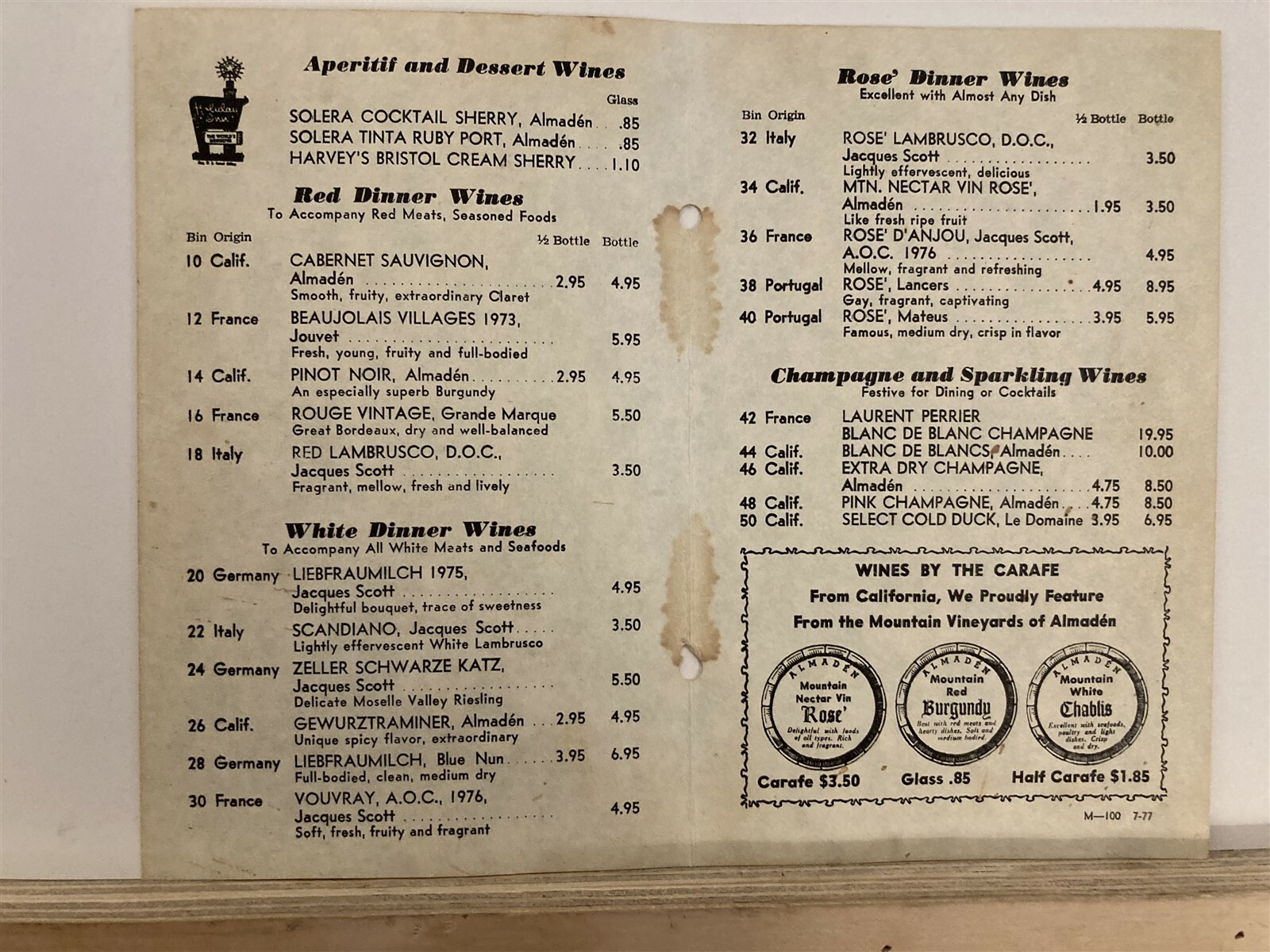 1977 Holiday Inn Restaurant Lounge Wine Menu Unknown City Vtg