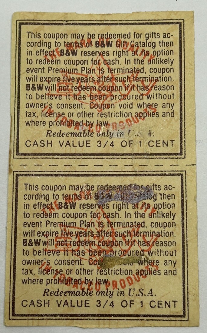 Tobacco Coupons 2 per page Raleigh & Belair 26 Vintage Brown & Williamson B&W