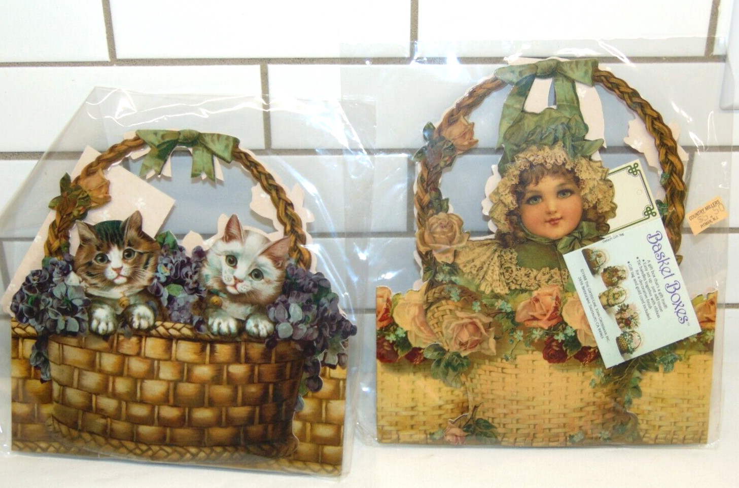 2 New GIFTED LINE Cats & Victorian Girl BASKET GIFT BOX JOHN GROSSMAN VINTAGE