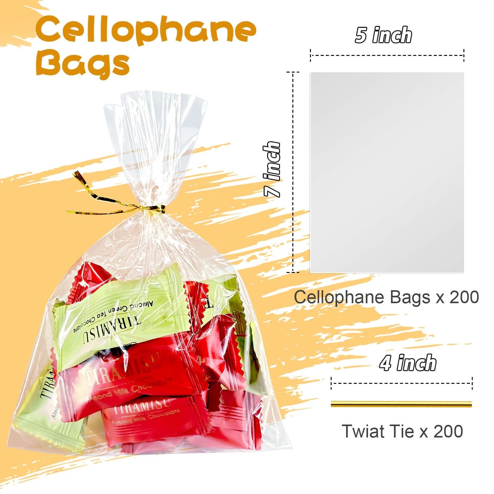 Cherodada 5″x 7″, 200Pcs Cellophane Treat Bags with Twist Ties for Gift Wrapp…
