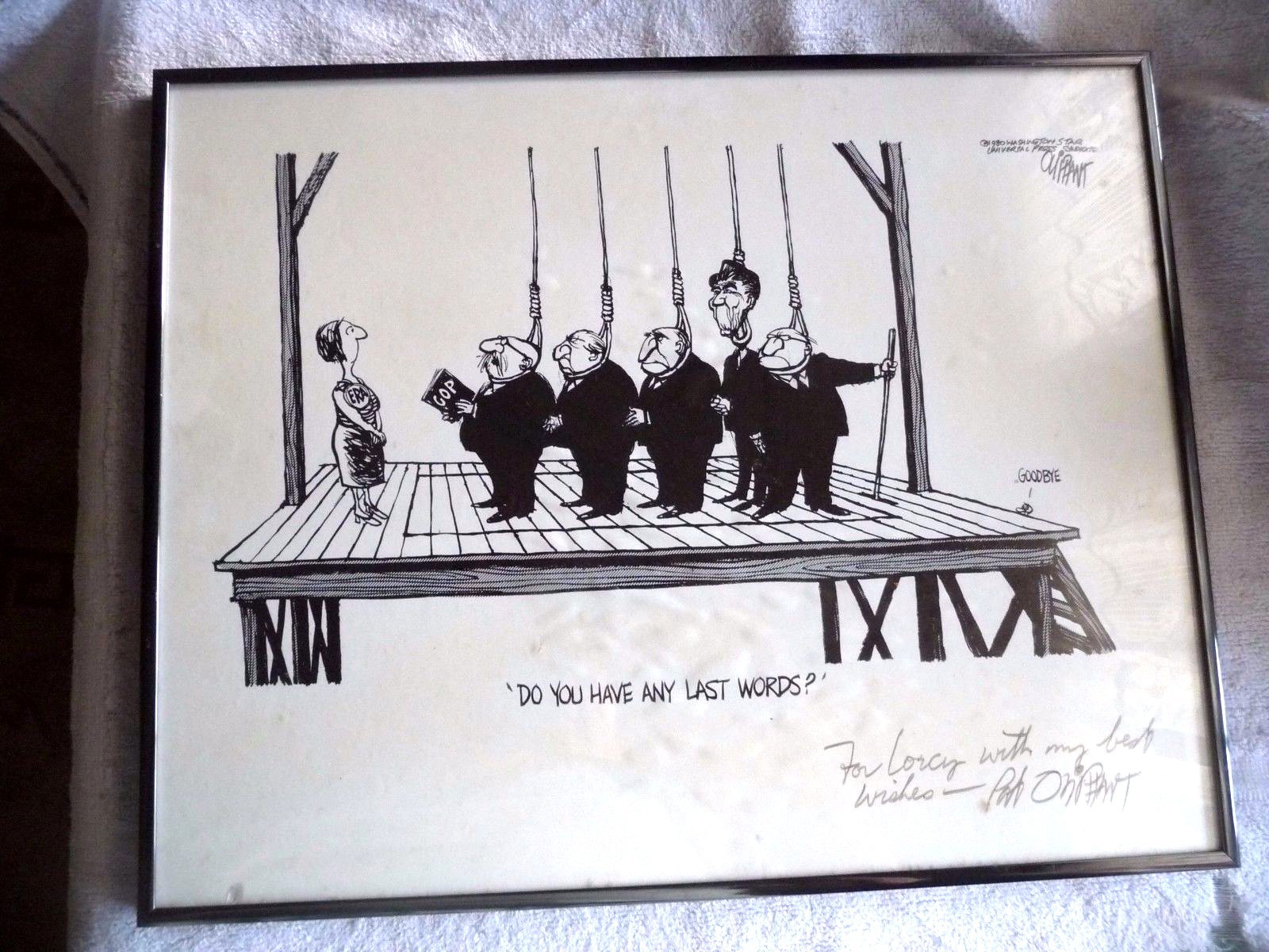 FRAMED EDITORIAL POLITICAL CARTOON BY PAT OLIPHANT REAGAN INSCRIBED SIGNED 1980