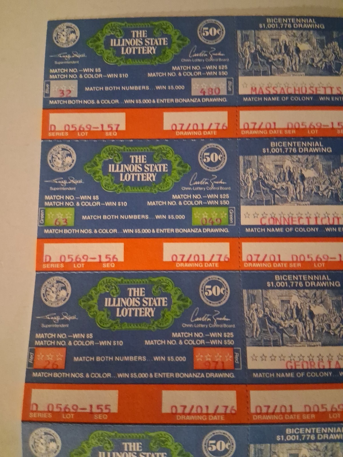 4 Bi-Centennial Paper Illinois Lottery Tickets – issued 1976 Uncut Americana