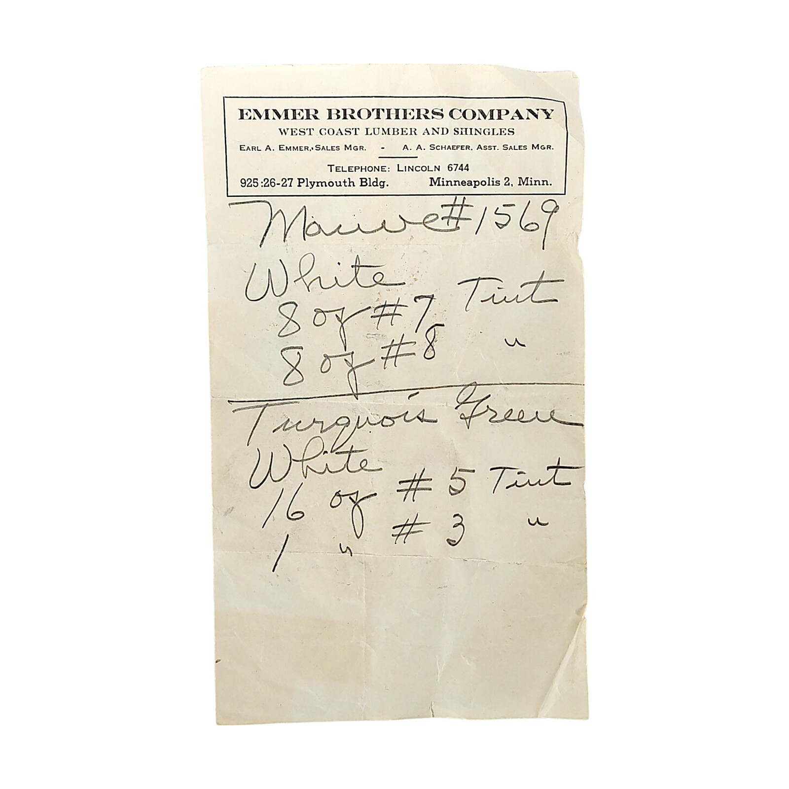 Vintage Emmer Brothers Company West Coast Lumber And Shingles Order Sheet