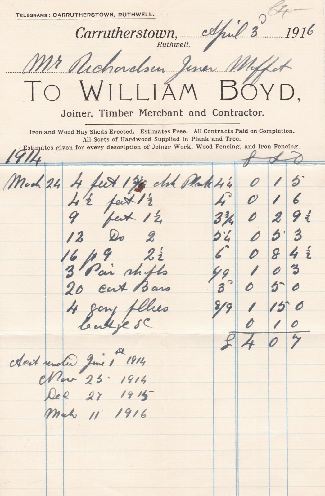 William Boyd Carrutherstown 1931 Timber Merchant Contractor Invoice Ref 41717