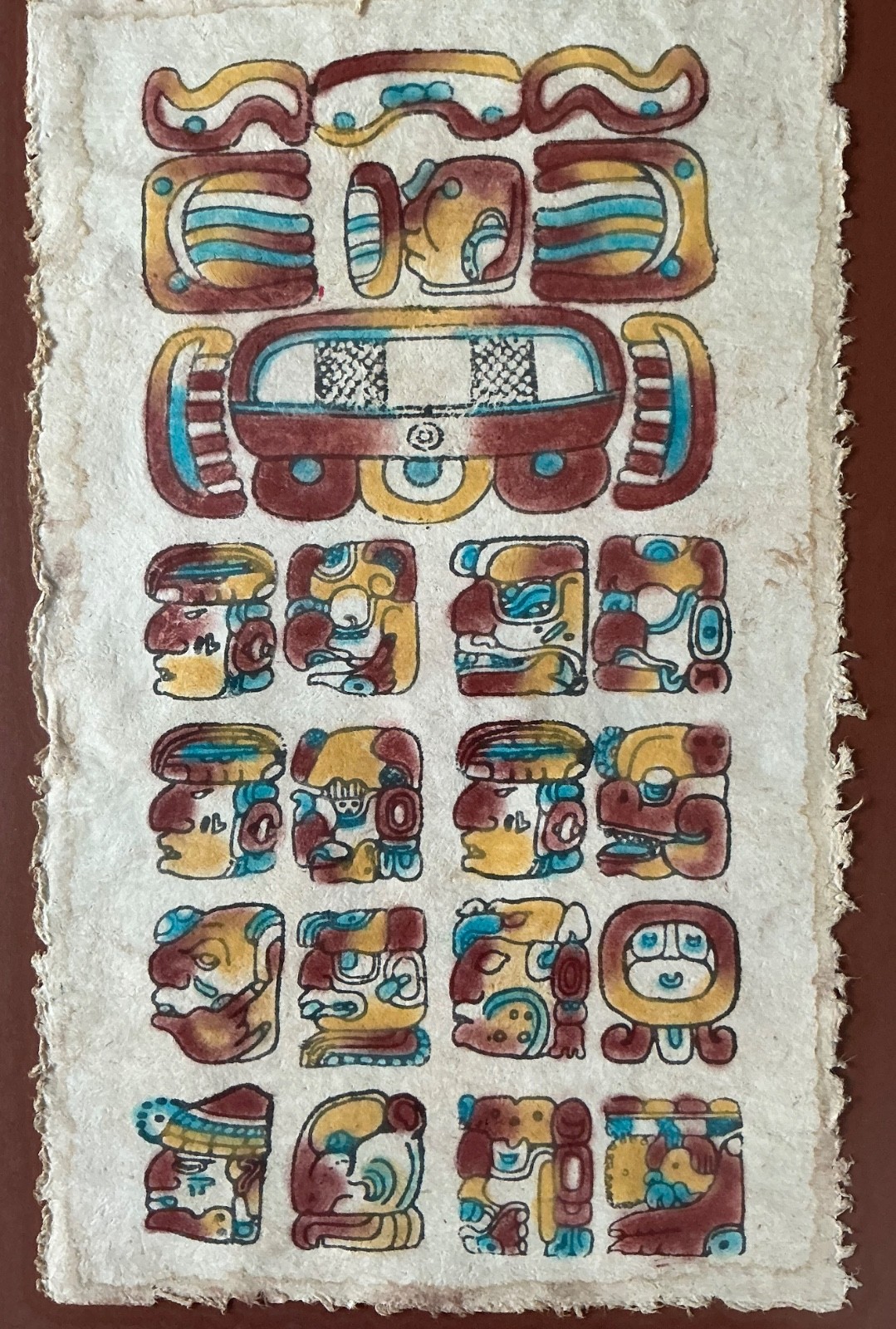 Mayan / Aztec Calendar Hand Painted Mexican Amare Bark Painting Vintage 70s-80s