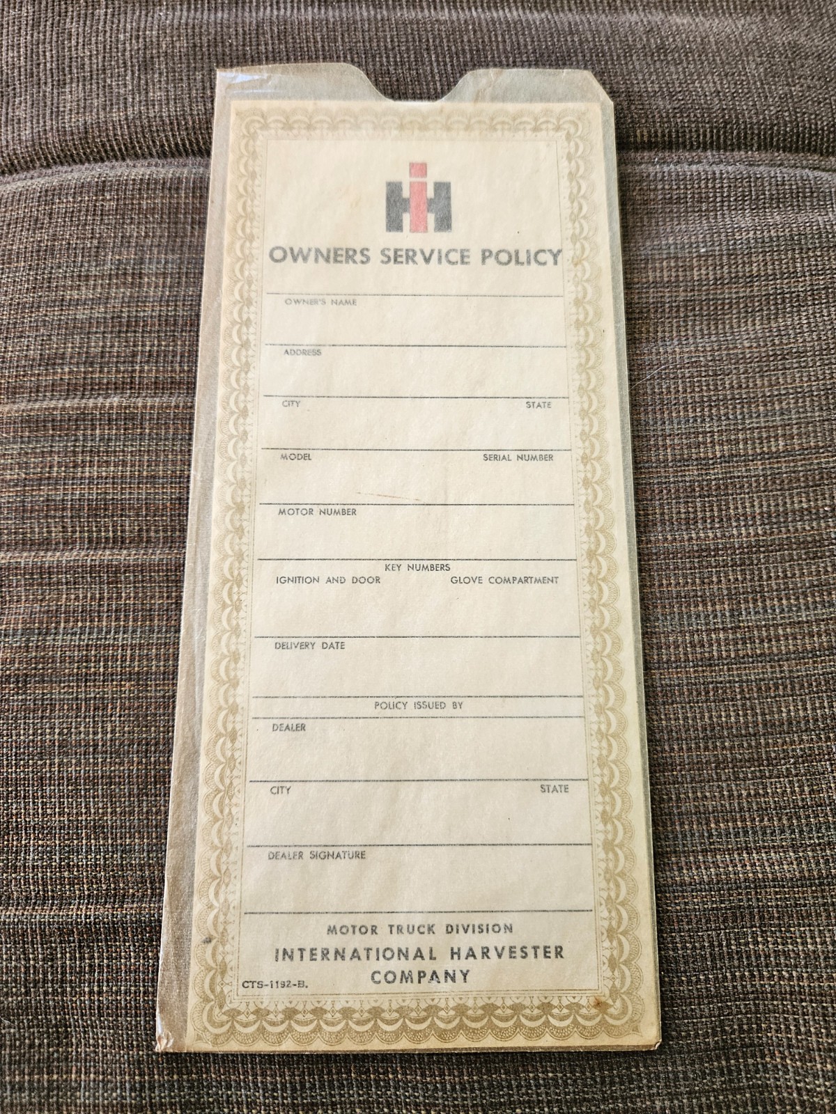 Rare find! 1950s? 1960s? BLANK International Harvester Owners Service Policy