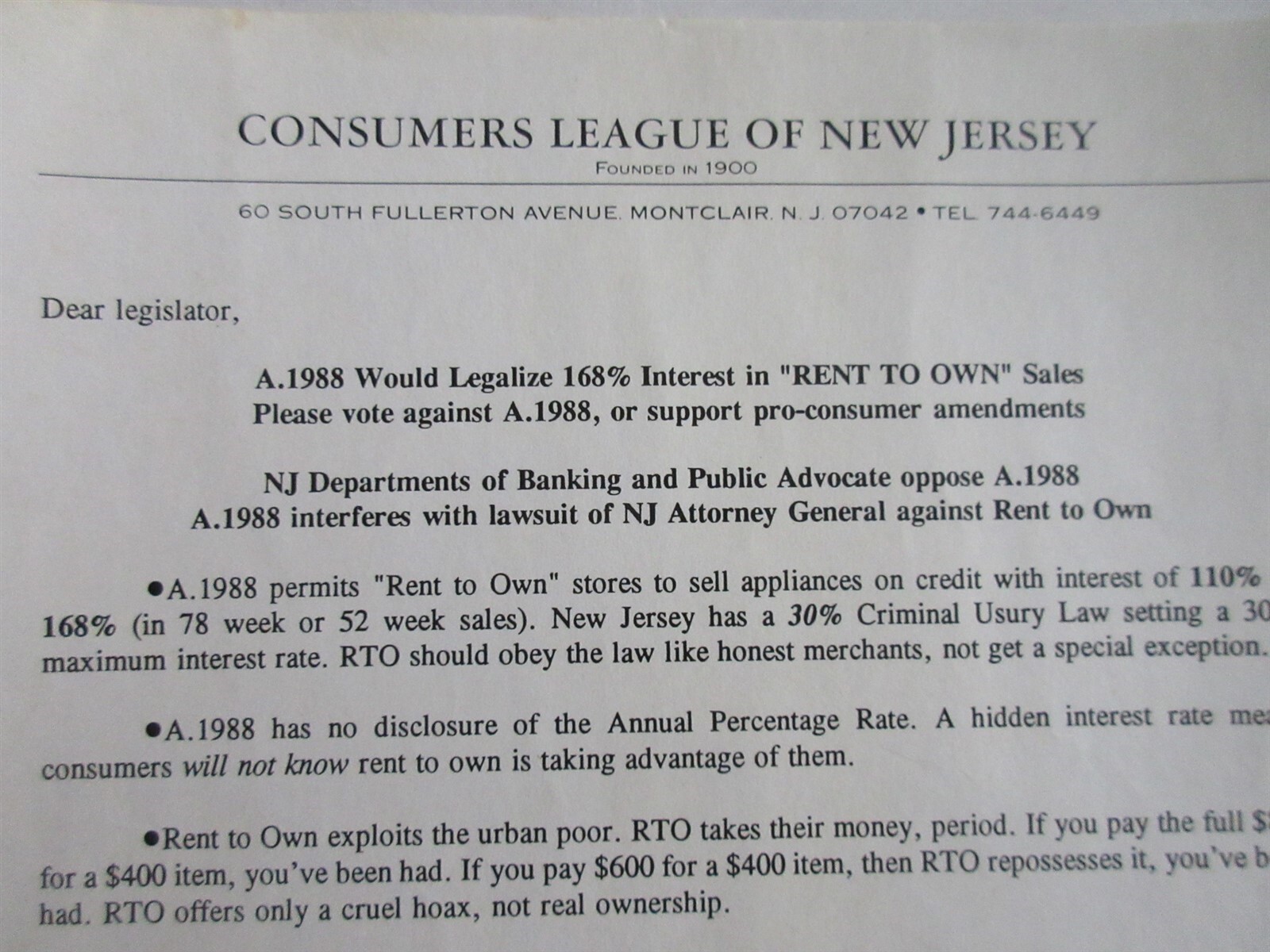 Consumer League of New Jersey letter vote against A.1988 Rent to Own letter