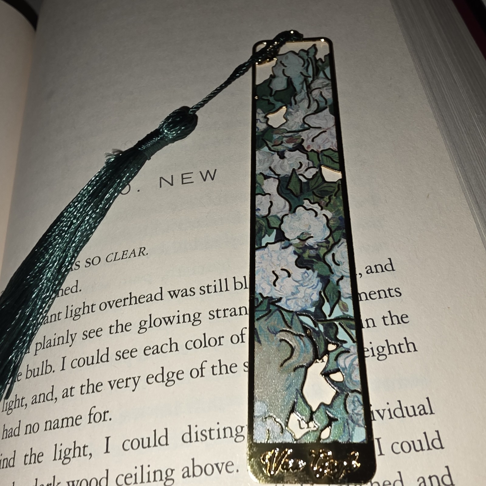 Van Gogh Floral Metal Bookmark with Tassel, Green Gold White Art Rectangle