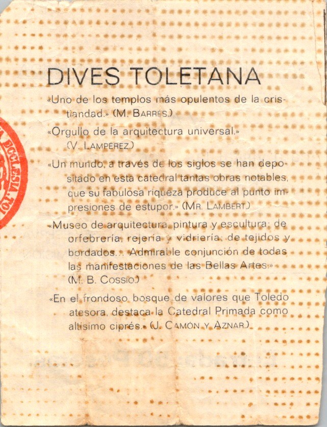 Toledo Cathedral Admission Ticket 50 Pesetas 1970s Aged Paper Stippled Design
