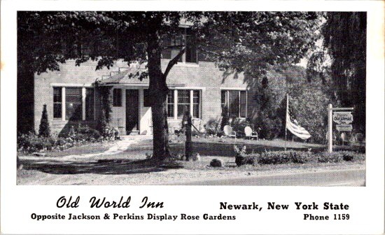 Old World Inn Newark NY Postcard 1940s Jackson & Perkins Rose Gardens Americana