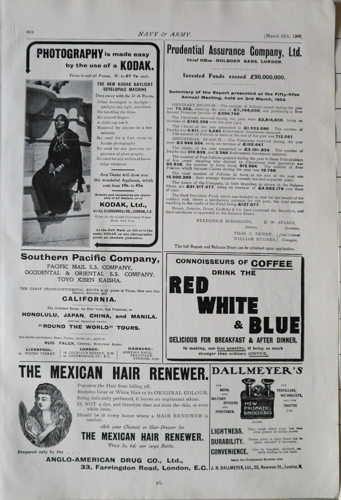 1904 PRINT ADVERTS SOUTHERN PACIFIC COMPANY RED WHITE & BLUE COFFEE KODAK