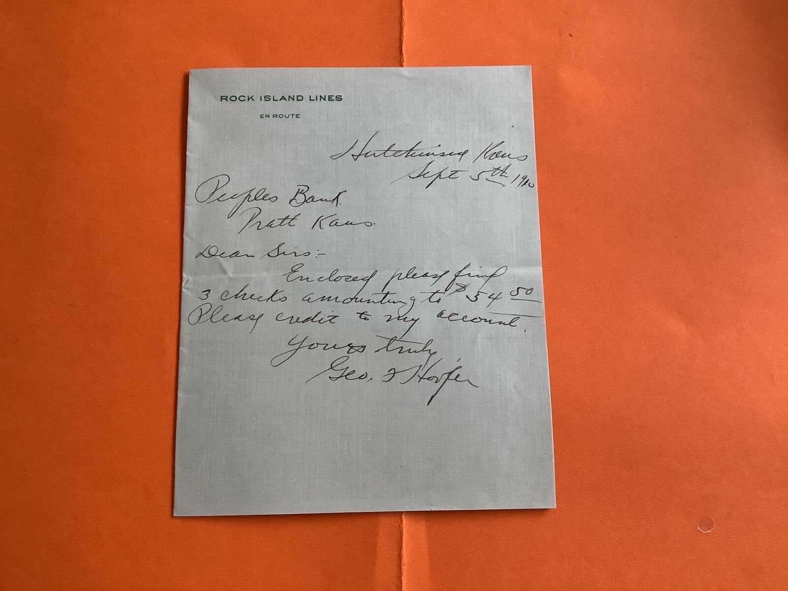 U.S. Rock Island Lines 1910 Letter Receipt R39920
