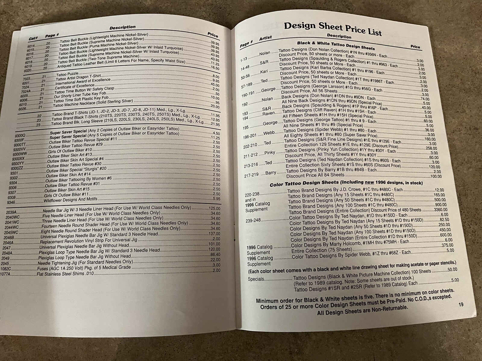 Vintage 1996-97 Huck Spaulding Ent Inc Tattoo Catalog Supplement & Price List