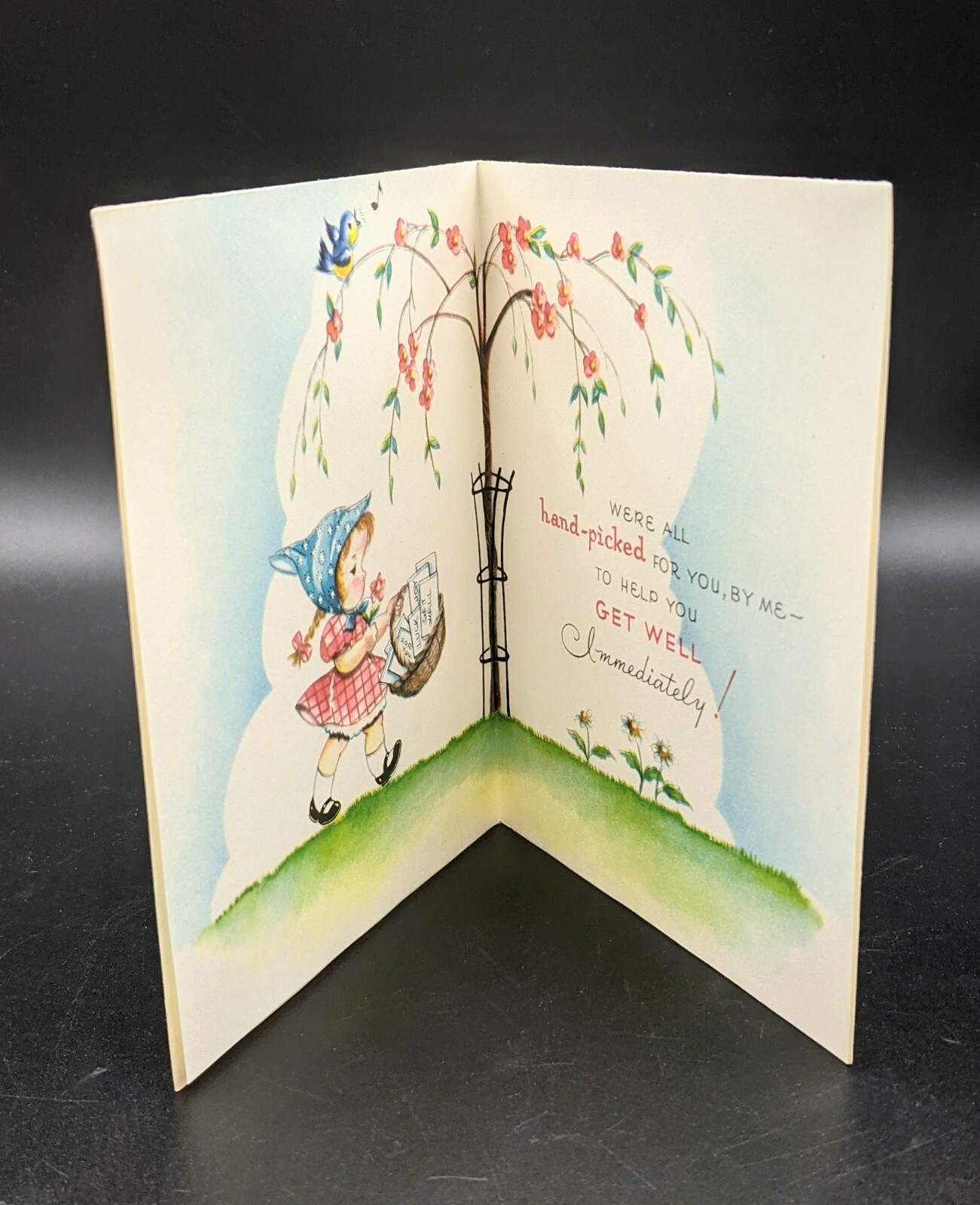 Unsigned Vintage Wallace Brown Greeting Card GET WELL Tree Girl Bluebird wishes