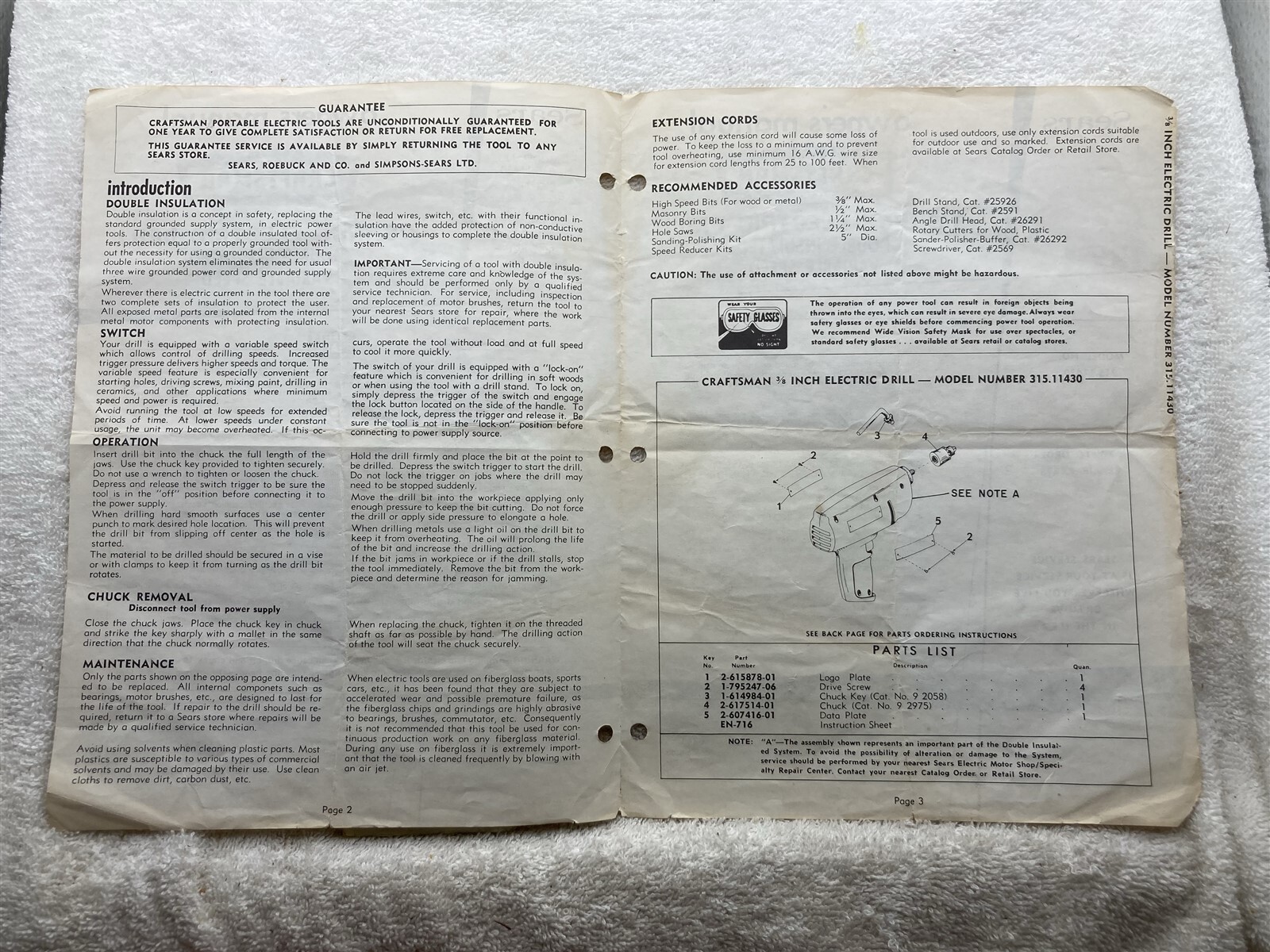 1974 Craftsman 3/8 Inch Electric Drill 315.11430 Owners Manual Guide Vtg