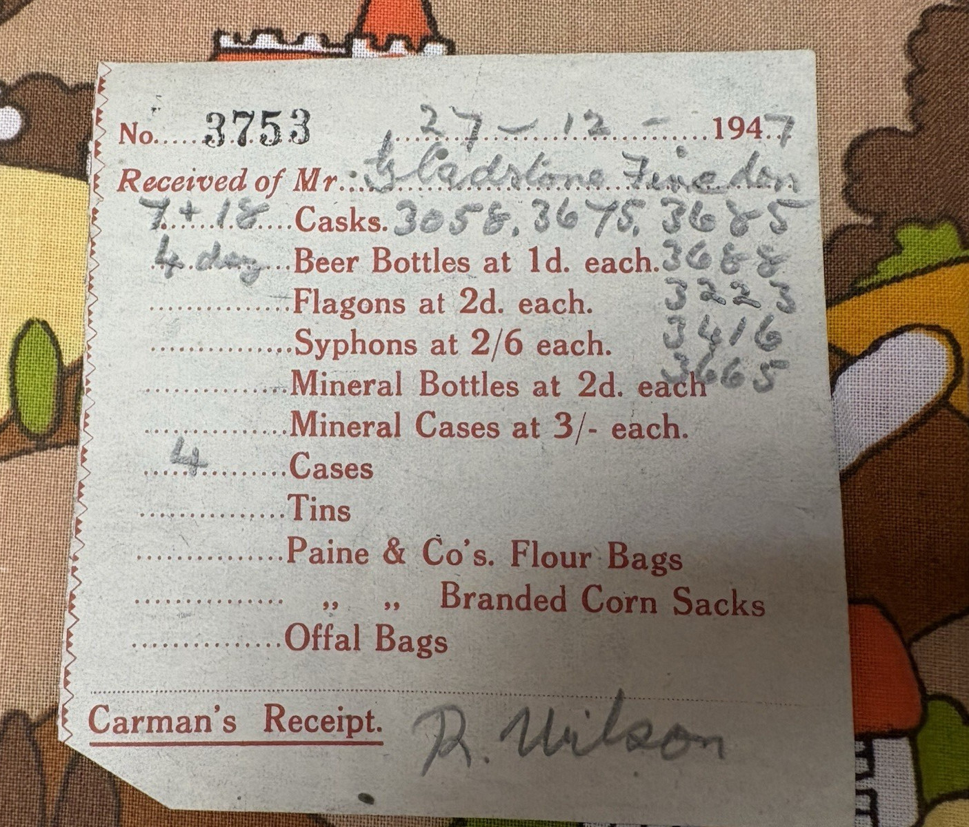 ‘Carman’s’ Receipts, 1940s Brewery Bottle Collection, Northamptonshire Area