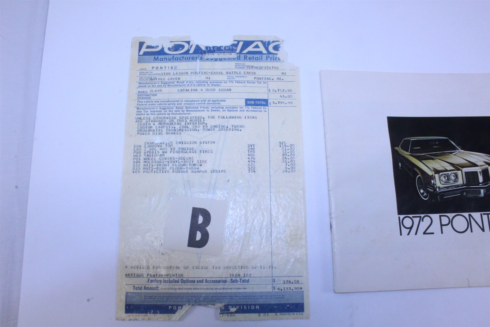 1972 Pontiac Brochure & Original Window Sticker From 4 Door Sedan Catalina