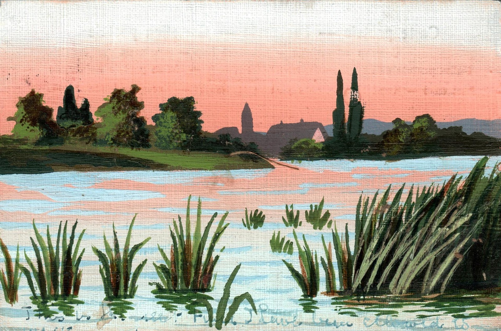 ANTIQUE Handmade Painting Farm House Lake Scene POSTCARD – to Webbers Rd Carlton