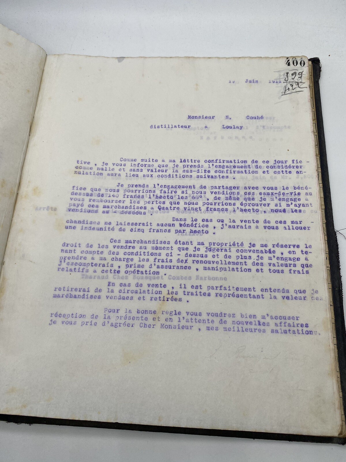 Bousquet-Combes, distiller in Narbonne, commercial correspondence, early 20th…