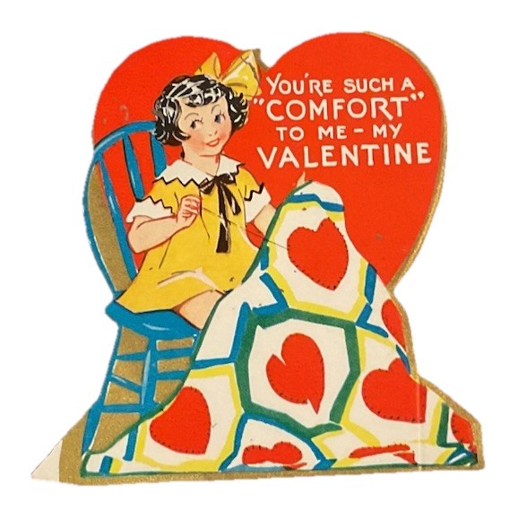 Die Cut Valentine Girl Sewing Heart Quilt You Are Comfort Vtg Valentine Card FPE