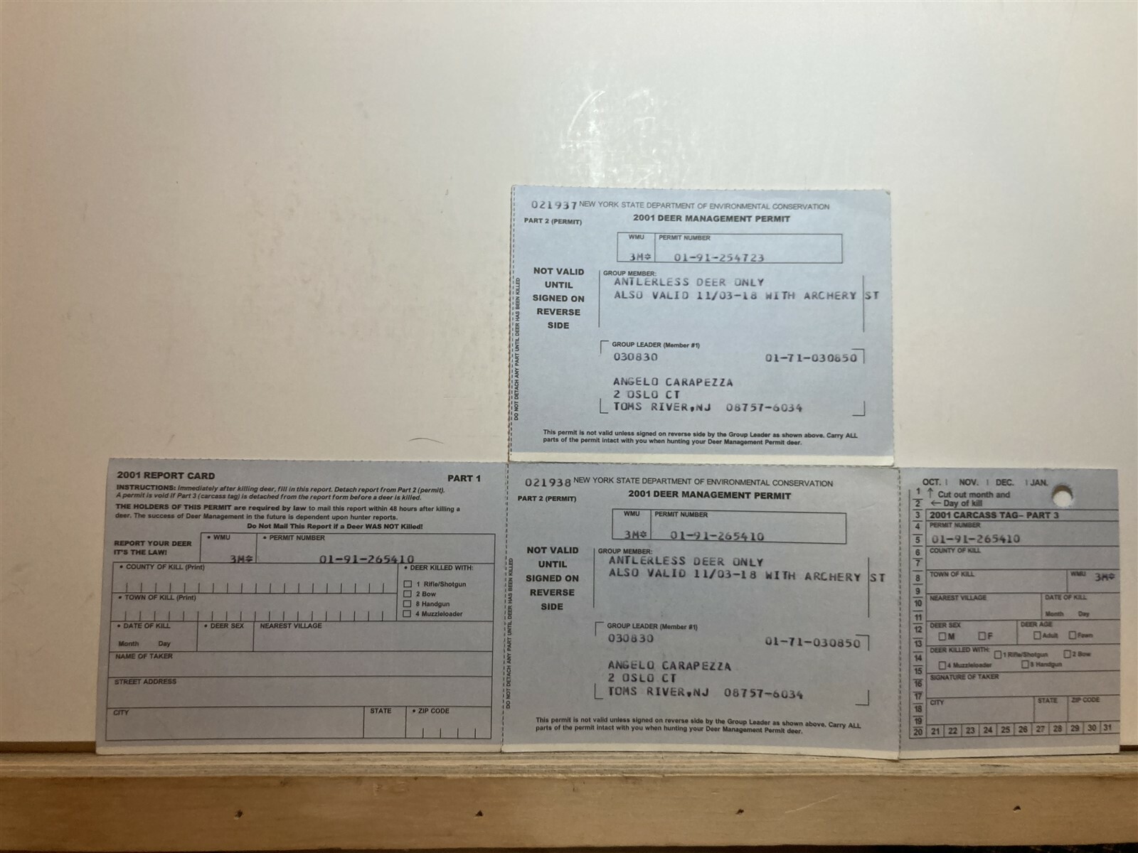 2001 New York Non Resident Antlerless Deer Hunting License NY Vtg
