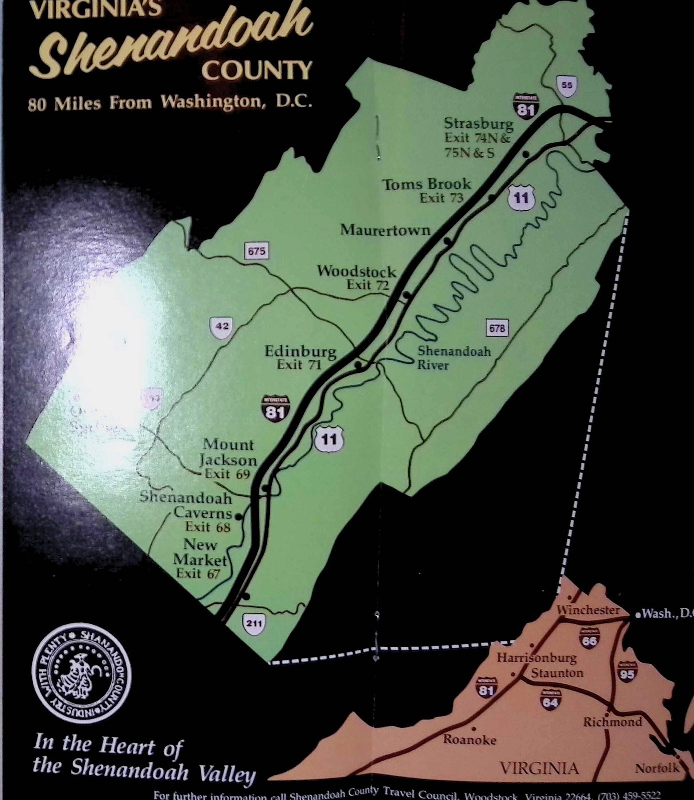 1970s Shenandoah County VA Travel Brochure Map I-81 Bryce Resort Orkney Springs