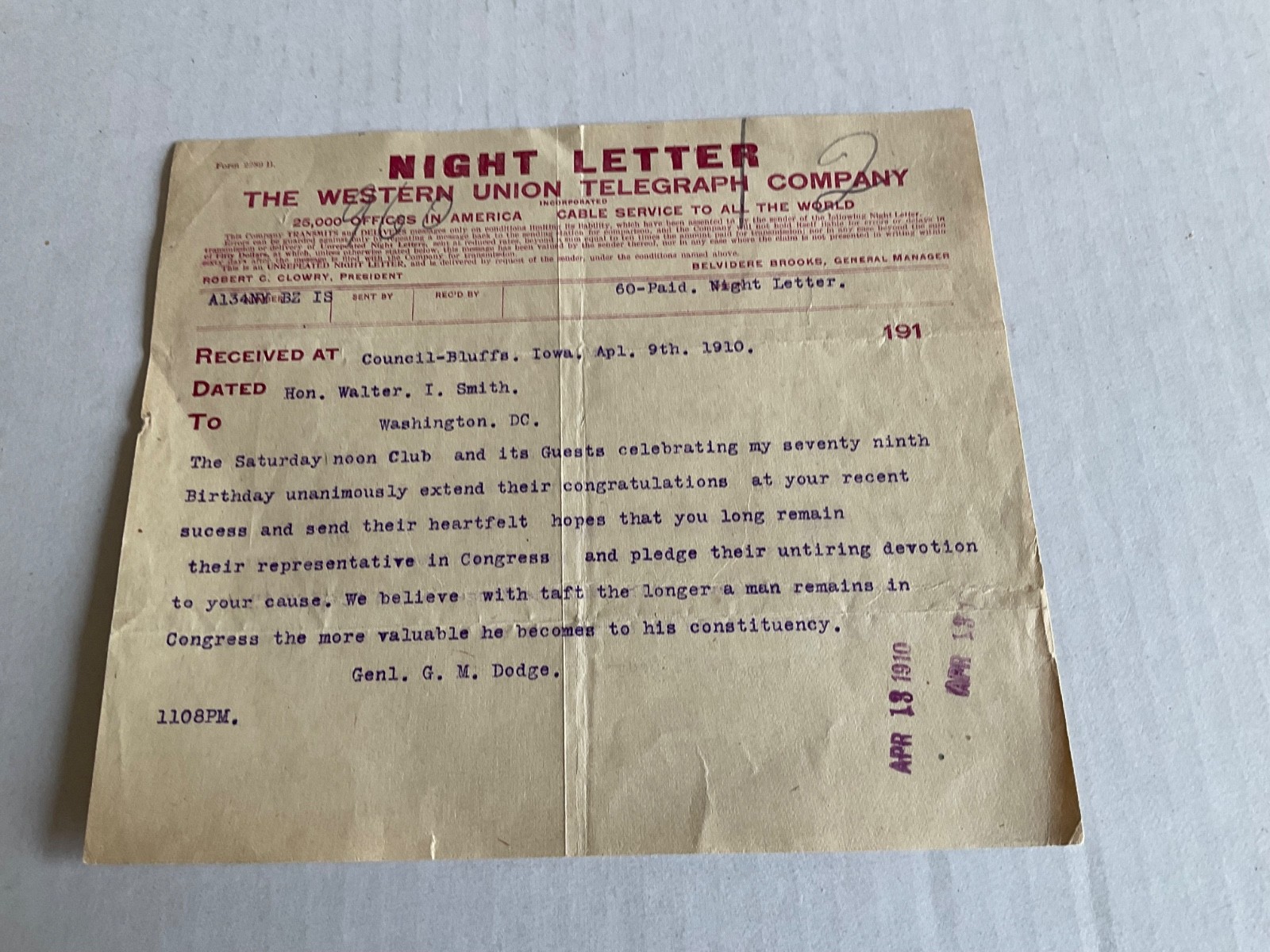 GENERAL G M DODGE IOWA CONGRATULATIONS HON W I SMITH WESTERN UNION NIGHT LETTER