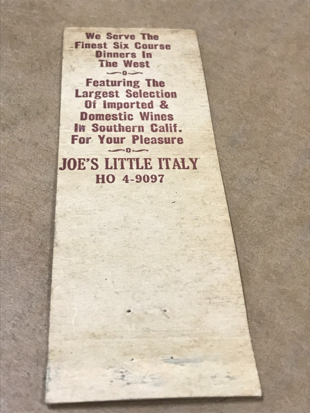 Vintage Joe’s Little Italy – Hollywood, California – Matchcover, Matchbook