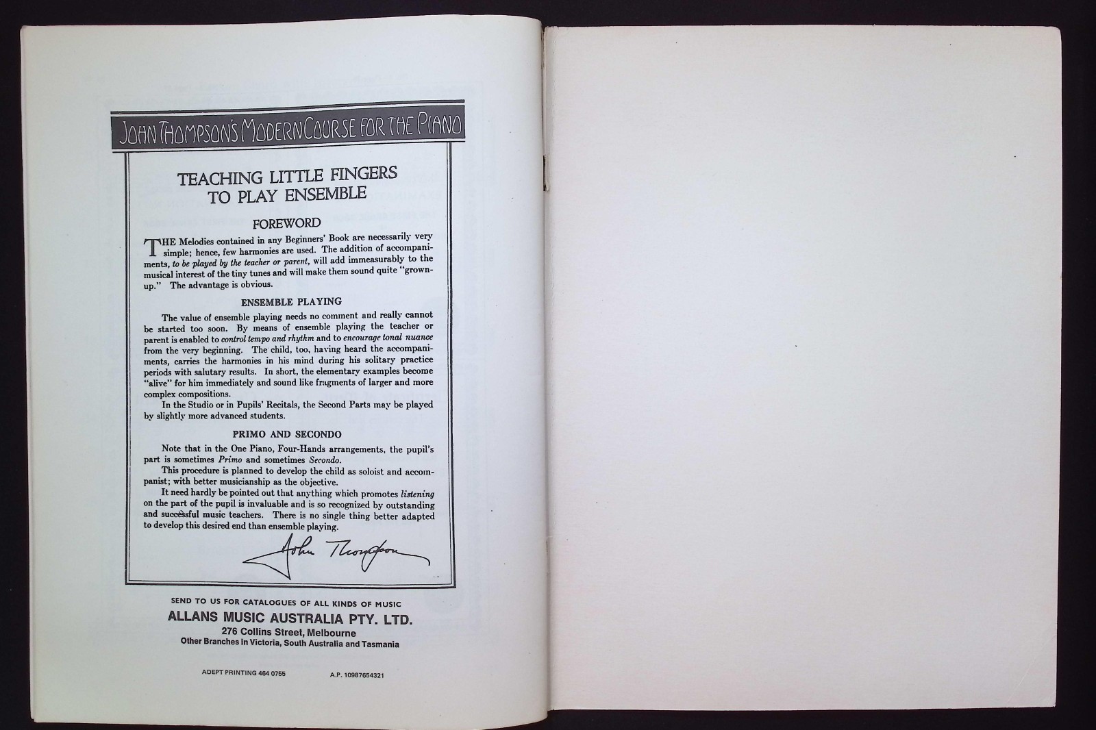 John Thompson’s Modern Course for the Piano : First Grade Book, Allans Music