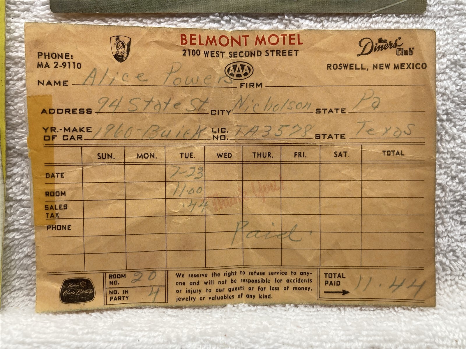 1960s Belmont Motel Roswell New Mexico Receipt NM Postcard Vtg