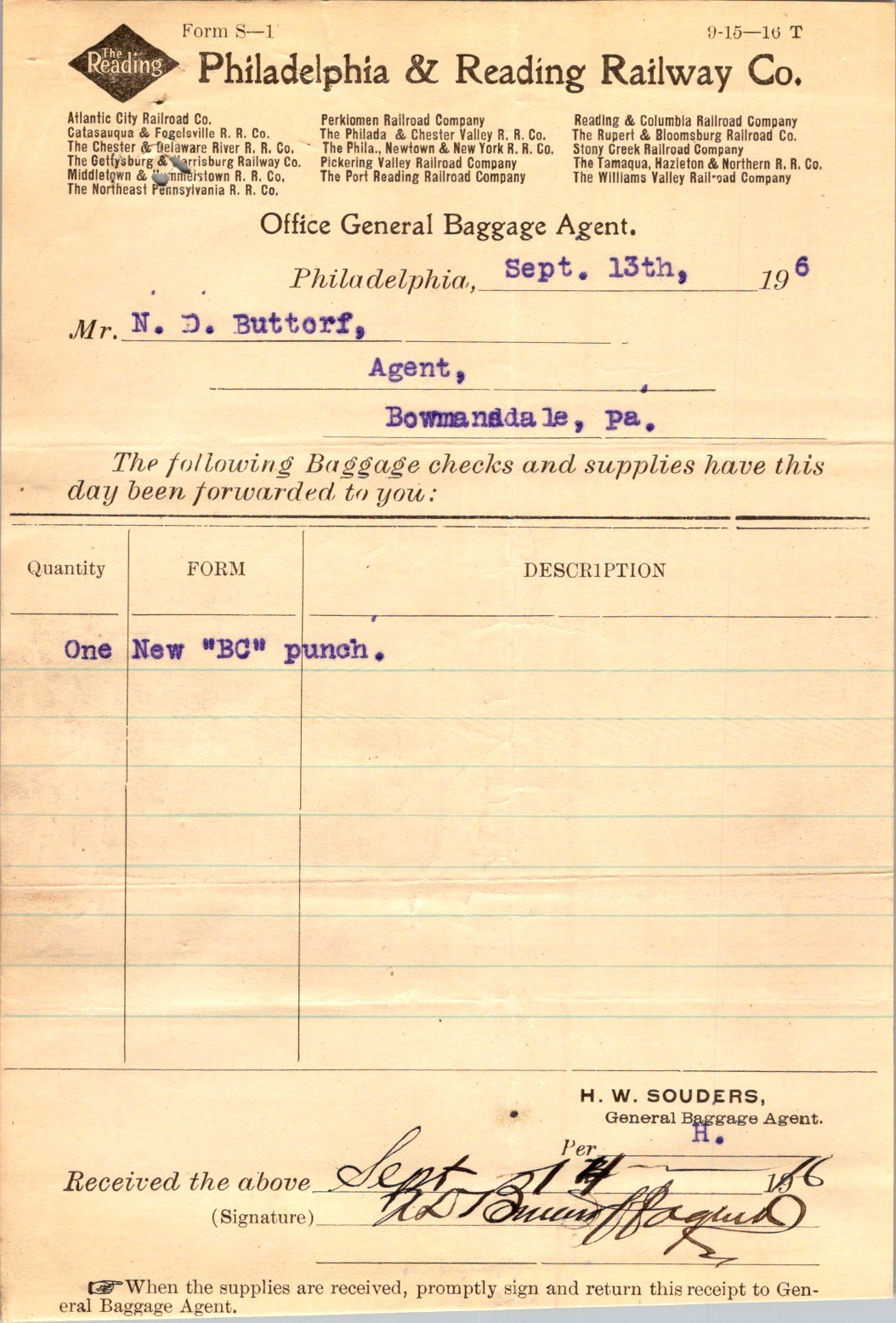 1916 Reading Railway Co Supply Receipt Form S-1 Railroadiana PA Ephemera