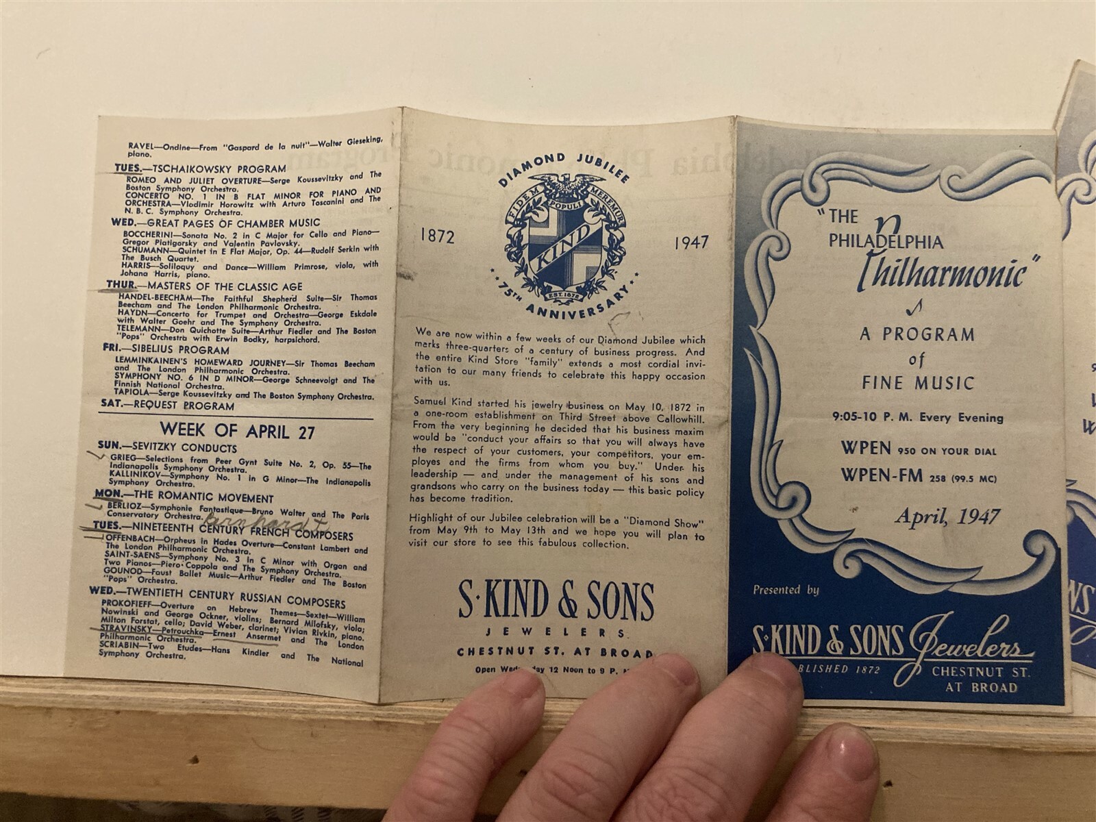 1947 Philadelphia Philharmonic Programs April May WPEN PA Kind & Son Jewelers